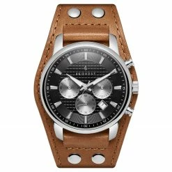 Seizmont Iphios | Montre chronographe noire et brune en acier inoxydable avec bracelet manchette en cuir