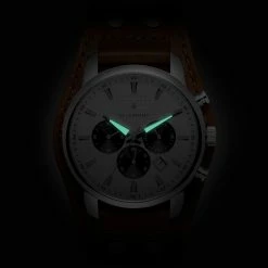 Seizmont Iphios | Montre chronographe blanche et brune en acier inoxydable avec bracelet manchette en cuir -MONTRES Soldes 3 4ipsos